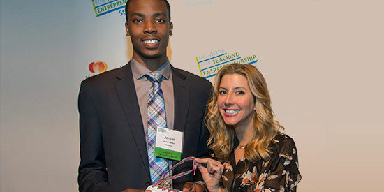 Neostring creator Jordan Harden and Sara Blakely, founder of Spanx at the NFTE Showcase.