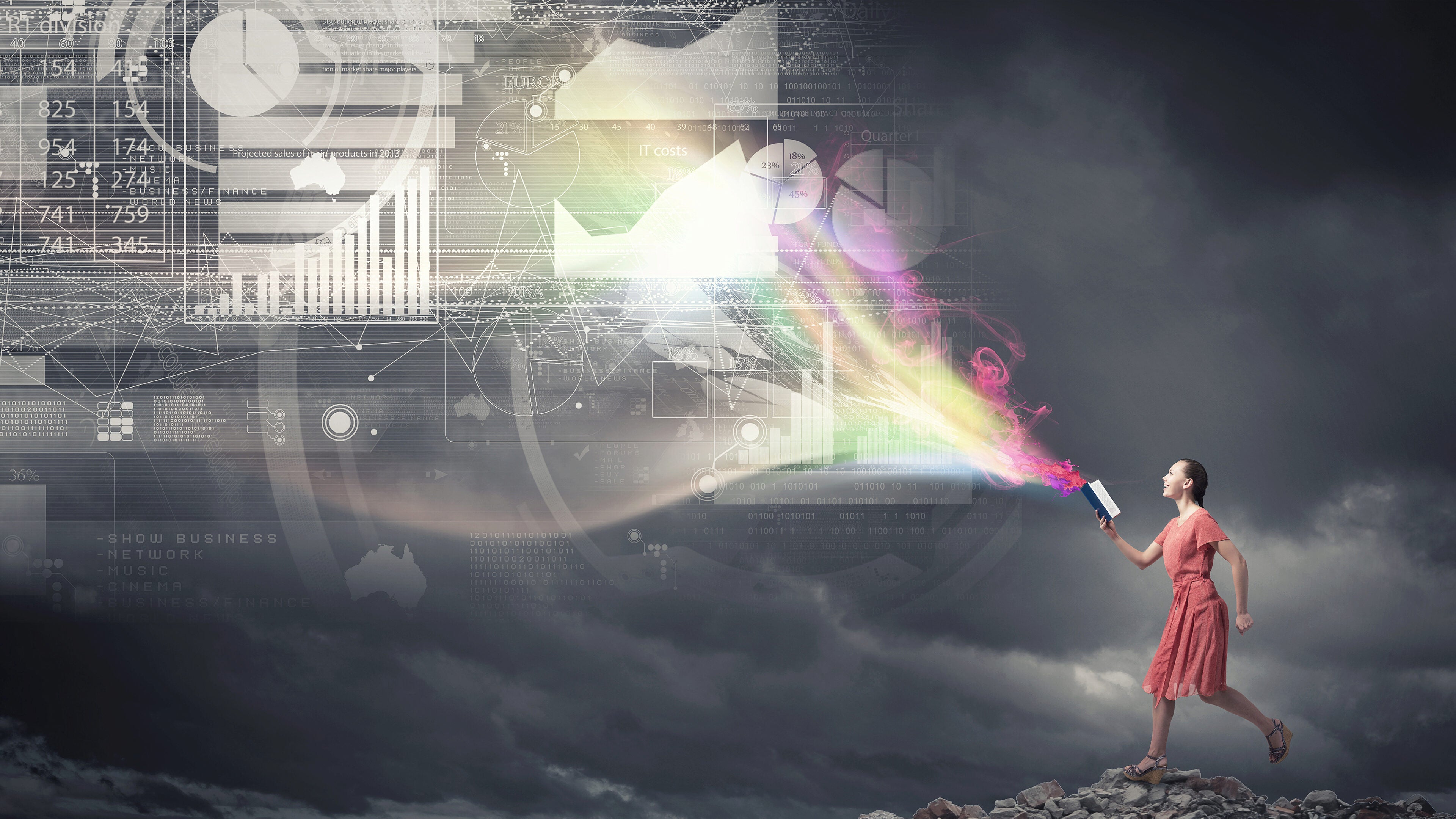 A person in a red dress stands on rocks against a stormy background, holding a book from which colorful, abstract data visualizations emerge.