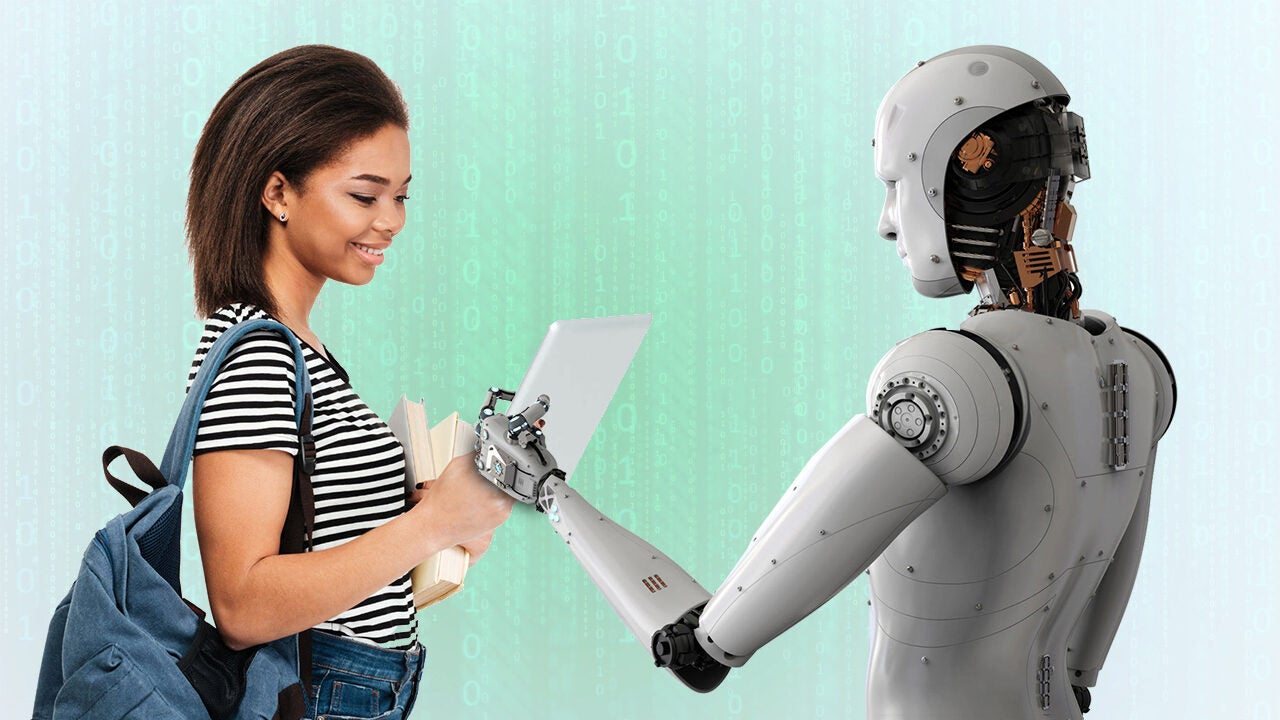 A person with a backpack and books smiling at a humanoid robot holding a tablet, set against a digital binary code background, representing technology and education.