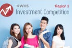 Four smiling individuals holding books and bags, with text reading "KWHS Investment Competition Region 1" and a logo featuring an upward arrow.