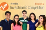 A group of five smiling individuals stands together in front of a beige background. Above them, text reads "KWHS Investment Competition Region 2" with an upward arrow logo.