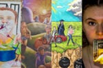 The image is a collage of four artworks representing the struggles and impact of student debt. It includes visuals of overwhelmed students, financial burdens like chains, and burning money.