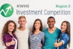 A group of five smiling individuals giving thumbs up, with the text "KWHS Investment Competition Region 3" and an upward trending graph symbol.