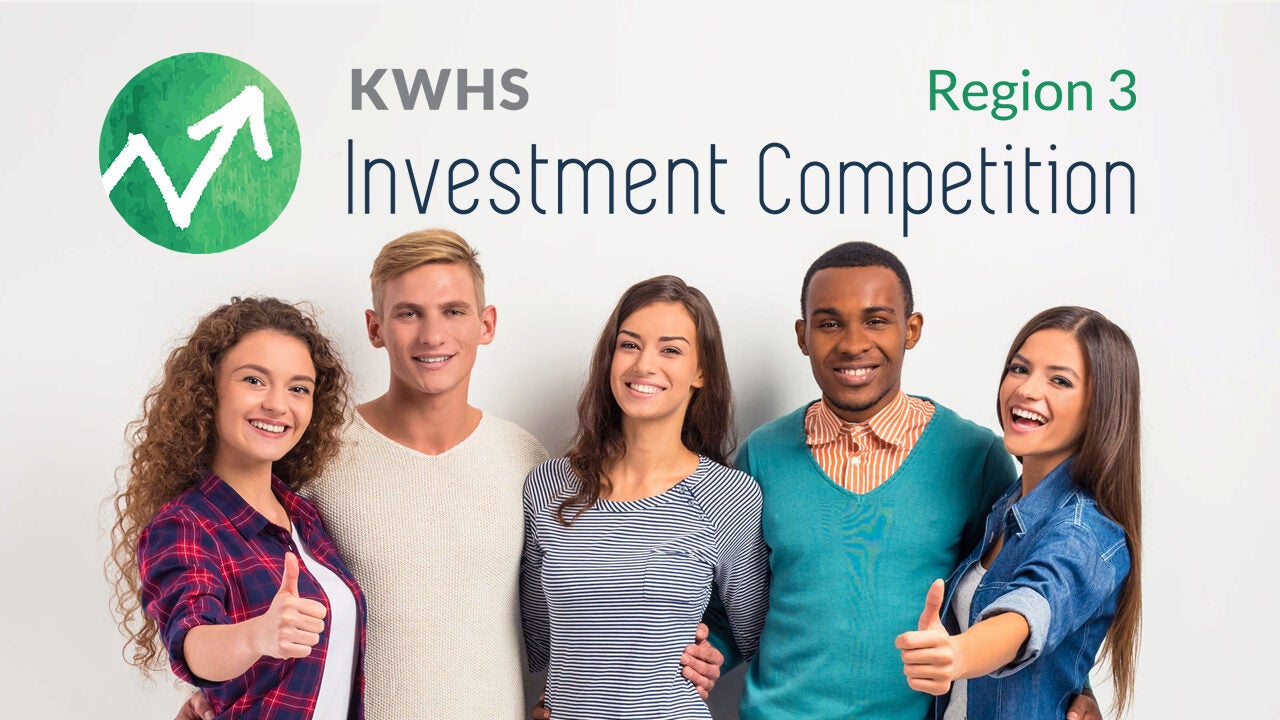 A group of five smiling individuals giving thumbs up, with the text "KWHS Investment Competition Region 3" and an upward trending graph symbol.