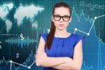 A person in a blue outfit stands with arms crossed against a backdrop of financial charts, world map, and mathematical formulas, symbolizing global finance and analytics.