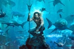 An underwater scene with a person holding a trident, surrounded by sharks and orcas in a city-like ocean setting.