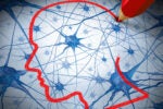 A silhouette of a head outlined in red by a pencil, overlaid on a background of blue neural networks, representing cognitive processes or brain activity.