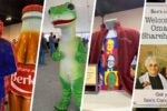 A collage depicting a cutout of a person in a suit with a Coca-Cola bottle, a person in a gecko costume, a mannequin displaying a colorful pop-art style shirt under a jacket, and a sign welcoming shareholders to Omaha with an illustration.