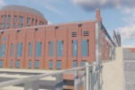 A digital, blocky 3D model of a large brick building with blue windows, resembling a structure from a video game like Minecraft.