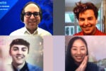 A video call screenshot featuring four people. The top left person has a blue background with "Wharton Global Youth Program" text. The other three are smiling in various settings.