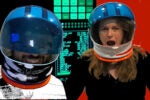 Two people wearing blue astronaut helmets, one smiling and the other with an open mouth, against a digital background with red accents.