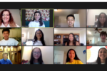A Zoom meeting with twelve participants in a grid layout, each smiling or engaged, in different home settings or virtual backgrounds.