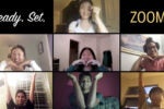 A collage of six people on a video call, each making playful hand gestures. The top text reads, "Ready, Set, ZOOM!"