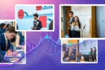 The image shows a collage of young professionals engaged in business presentations and discussions. Graphs and charts are overlaid in the background, suggesting a focus on economics and stock markets.