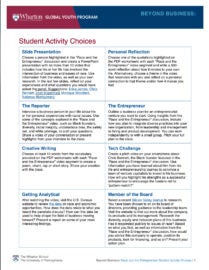 A pamphlet from the Wharton Global Youth Program detailing student activity choices related to "Race and the Entrepreneur." It includes sections like Slide Presentation, Personal Reflection, The Reporter, The Entrepreneur, Creative Writing, Tech Challenge, Getting Analytical, and Member of