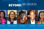 A group headshot of five people against a blue background with the text "BEYOND BUSINESS" above. Names are listed under each person.