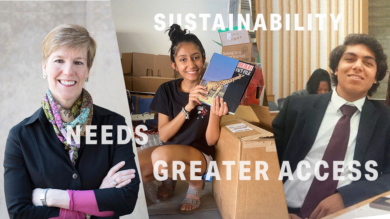 Three people are shown: one in business attire, another holding books, and a third dressed formally. Overlay text reads "Needs Sustainability Greater Access."