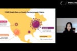 A slide presentation comparing COVID death rates and socioeconomic factors such as race, age, education, and income. A person is in a video call on the right.
