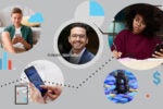 Collage depicting fintech concepts: a person using a phone for online banking, another writing with a phone, a Bitcoin symbol, a portrait of a person labeled "Fintech''s Nate Soffio," and various icons representing data and finance.