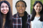 Three individuals smiling for headshots, each wearing casual attire, with different backgrounds: wooden, plain, and natural.