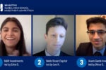 Three young individuals in a virtual setting, each representing a different investment team from the Wharton Global High School Investment Competition.