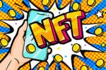 A pop art-style illustration featuring the letters "NFT" in bold, colorful font, held by a person using a smartphone, surrounded by digital currency symbols.
