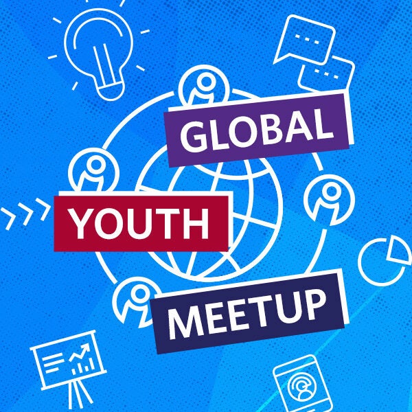 Graphic with a blue background featuring the words "Global Youth Meetup" over a globe and networking symbols. Icons include a light bulb, chat bubbles, and graphs.