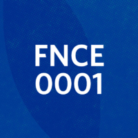 The image displays the text "FNCE 0001" in white font on a blue textured background.