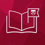 An open book icon with a flag, featuring a crest, on a maroon background with a dotted pattern.