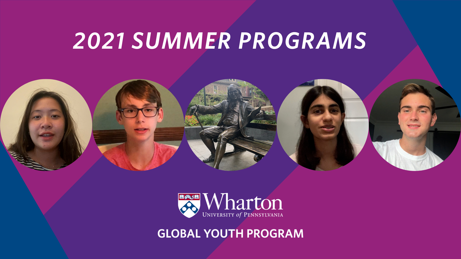 Collage of four youths and a statue, with text "2021 Summer Programs" and "Wharton University of Pennsylvania Global Youth Program" on a purple background.