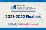 Banner announcing the 2021-2022 finalists of the Wharton Global High School Investment Competition with confetti and the Wharton Global Youth Program logo.