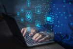 Person typing on a laptop, overlaid with digital security icons like padlocks and networks, symbolizing cybersecurity and data protection.