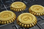 The image depicts four stylized gold coins with digital currency symbols on a grid-like background, representing various cryptocurrencies.