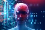 A digital head composed of dots and binary code, with data nodes and blocks in the background, representing artificial intelligence and data processing.