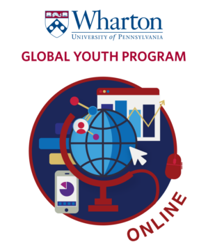 Logo for the Wharton Global Youth Program Online, featuring a globe surrounded by charts, a smartphone, and a computer mouse, symbolizing online global education.