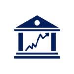 Icon of a government building with a bar graph and upward arrow, representing economic growth or financial policy.