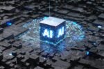 A glowing cube labeled "AI" hovering over a dark, circuit-like surface, representing artificial intelligence technology.