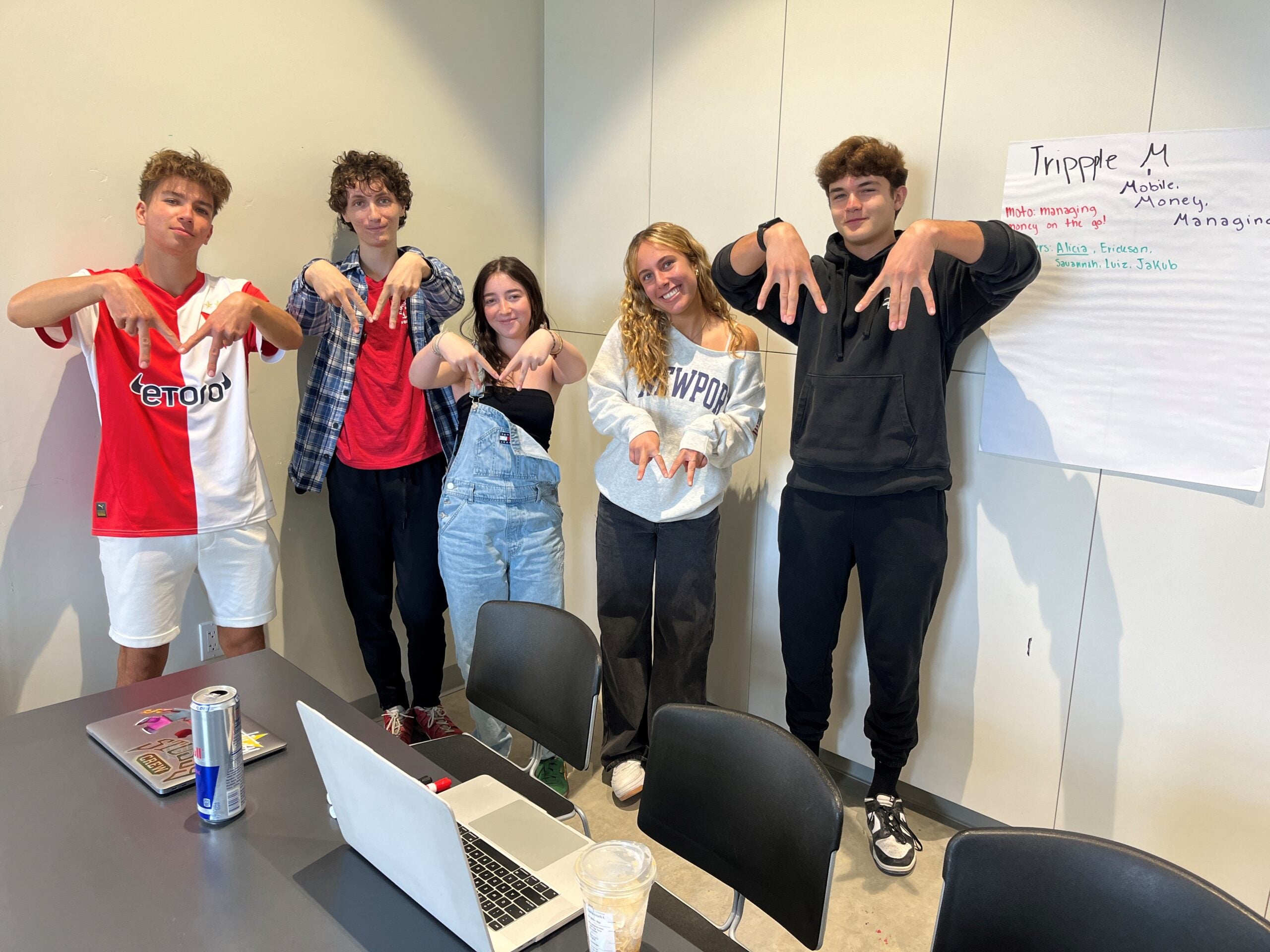 A group of five people posing with hand signs in a casual office setting. A laptop and drinks are on the table, and a poster titled "Tripple M" is on the wall.