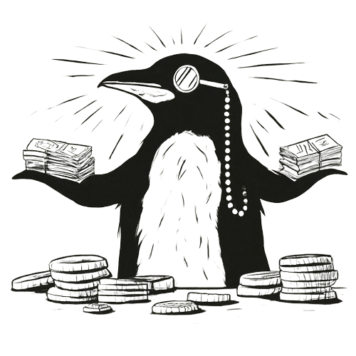 A cartoon penguin wearing a monocle, holding stacks of money in its wings, with coins on a table. It conveys wealth or financial success.