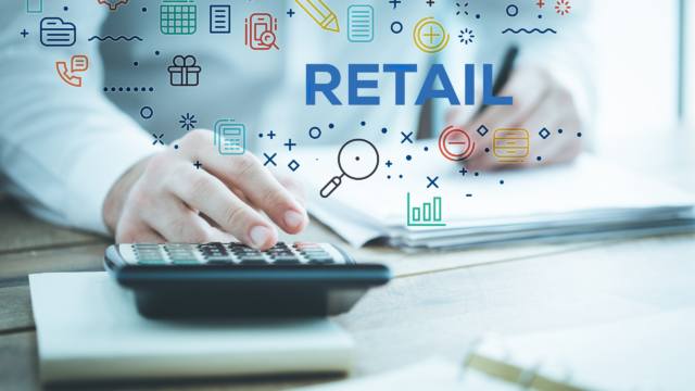 A person using a calculator on a wooden table, surrounded by digital icons related to business and finance, with the word "RETAIL" prominently displayed.