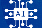 A circuit board design with the letters "AI" in the center, symbolizing artificial intelligence on a blue background.