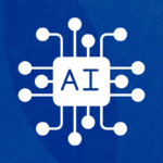 A circuit board design with the letters "AI" in the center, symbolizing artificial intelligence on a blue background.