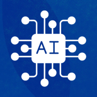 A circuit board design with the letters "AI" in the center, symbolizing artificial intelligence on a blue background.
