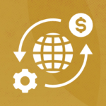 An illustration of a globe with circular arrows, a gear, and a dollar sign, symbolizing global financial exchange and process automation.