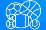 Outline of various sports balls, including a soccer ball, basketball, football, baseball, and tennis ball, against a blue background.