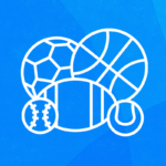 Outline of various sports balls, including a soccer ball, basketball, football, baseball, and tennis ball, against a blue background.