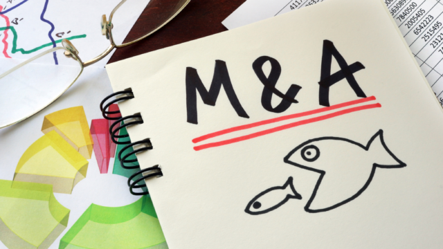 A notebook with "M&A" written on it and a drawing of a big fish about to eat a smaller fish, symbolizing mergers and acquisitions. Nearby are glasses, charts, and spreadsheets.