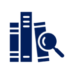 Icon of three books with a magnifying glass, representing research or study.