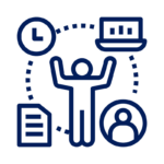 An icon depicting a person surrounded by symbols representing time, data (graph on a screen), a document, and a user profile, indicating productivity or multitasking.