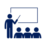 Icon of a person giving a presentation or lecture to an audience, with a pointer and screen or board.